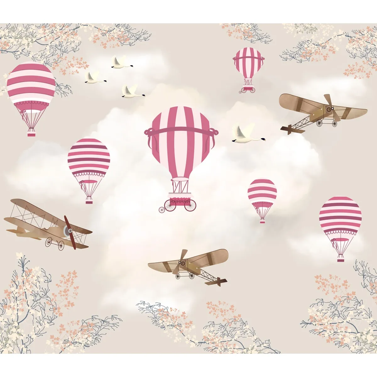 Hot Air Balloons with Gliders Wallpaper for Kids Room Wall, Pink, Customised