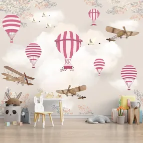 Hot Air Balloons with Gliders Wallpaper for Kids Room Wall, Pink, Customised