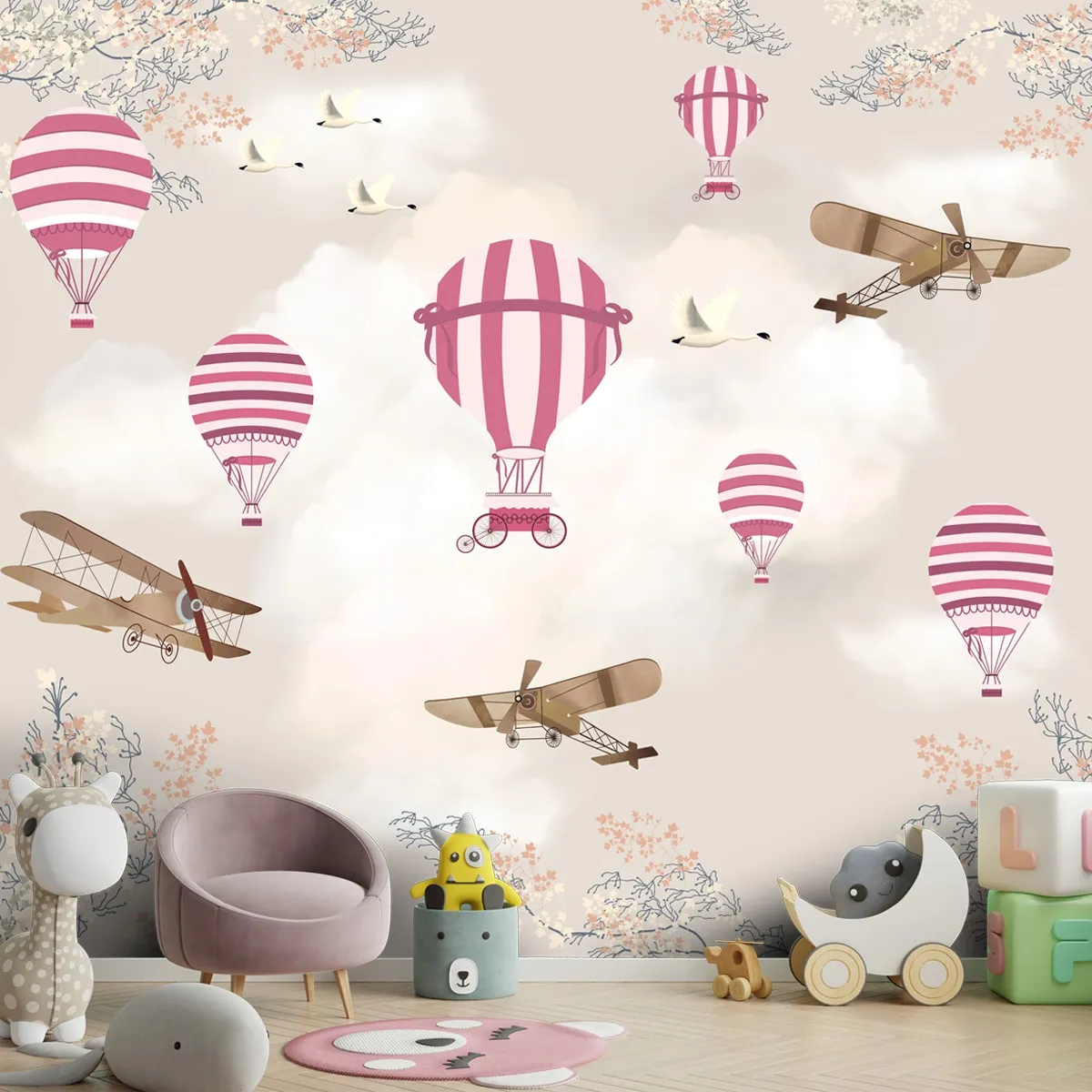 Hot Air Balloons with Gliders Wallpaper for Kids Room Wall, Pink, Customised