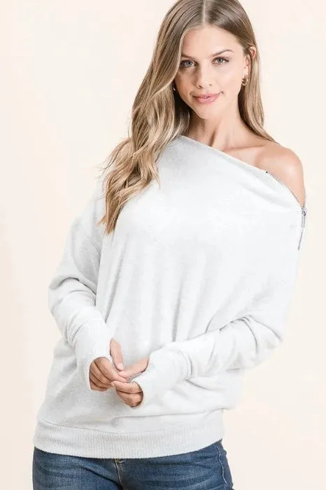 Jersey Dolman Sleeve with One Shoulder Zipper Top -HT-674