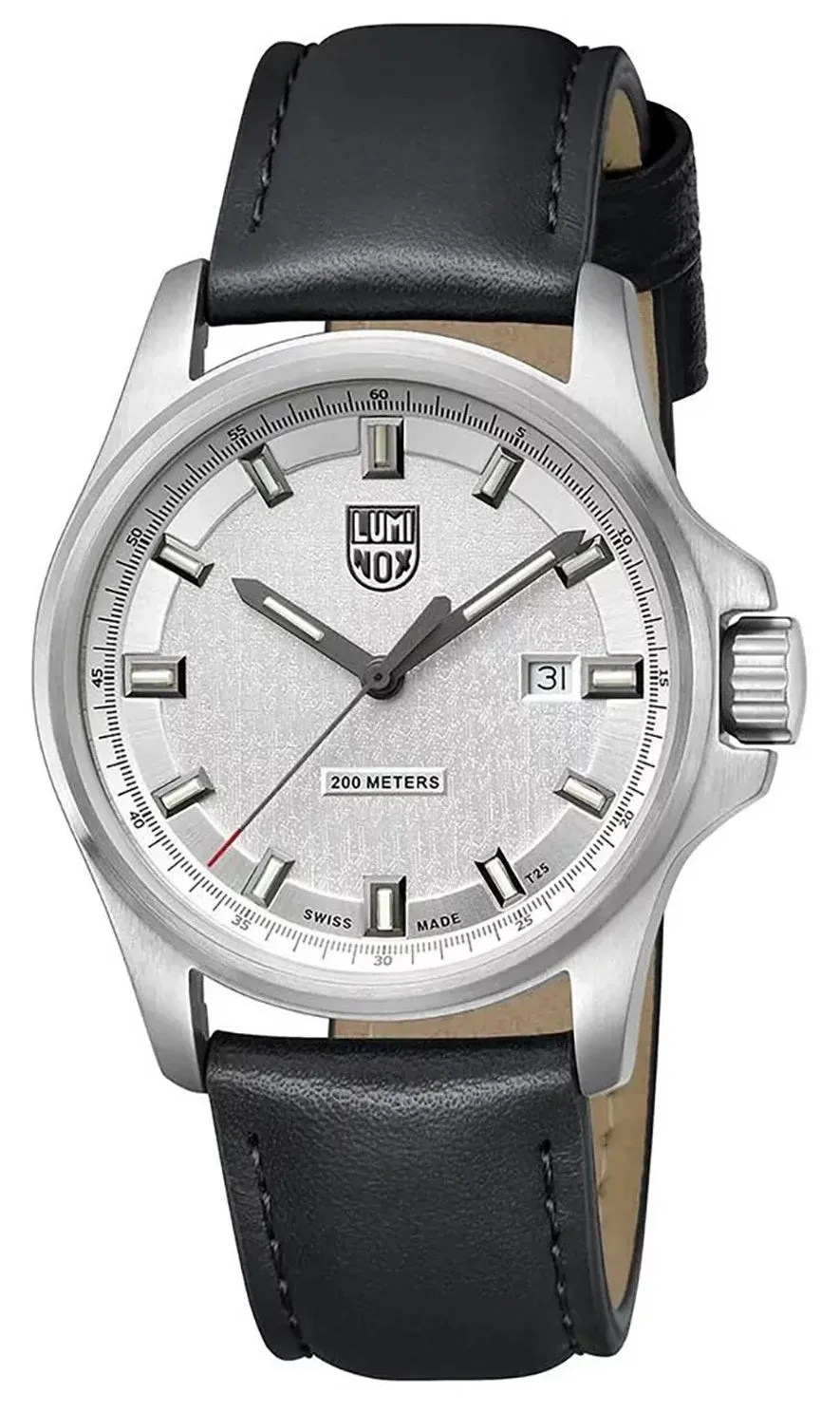 Luminox Dress Field Stainless Steel Silver Dial Black Leather Strap Date Divers Quartz Mens Watch XL.1839