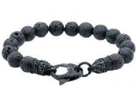 Mens Genuine Lava Stone Black Plated Stainless Steel Beaded Bracelet With Black Cubic Zirconia