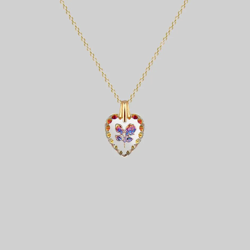 NANCY. Two Roses Engraved Glass Heart Necklace - Gold