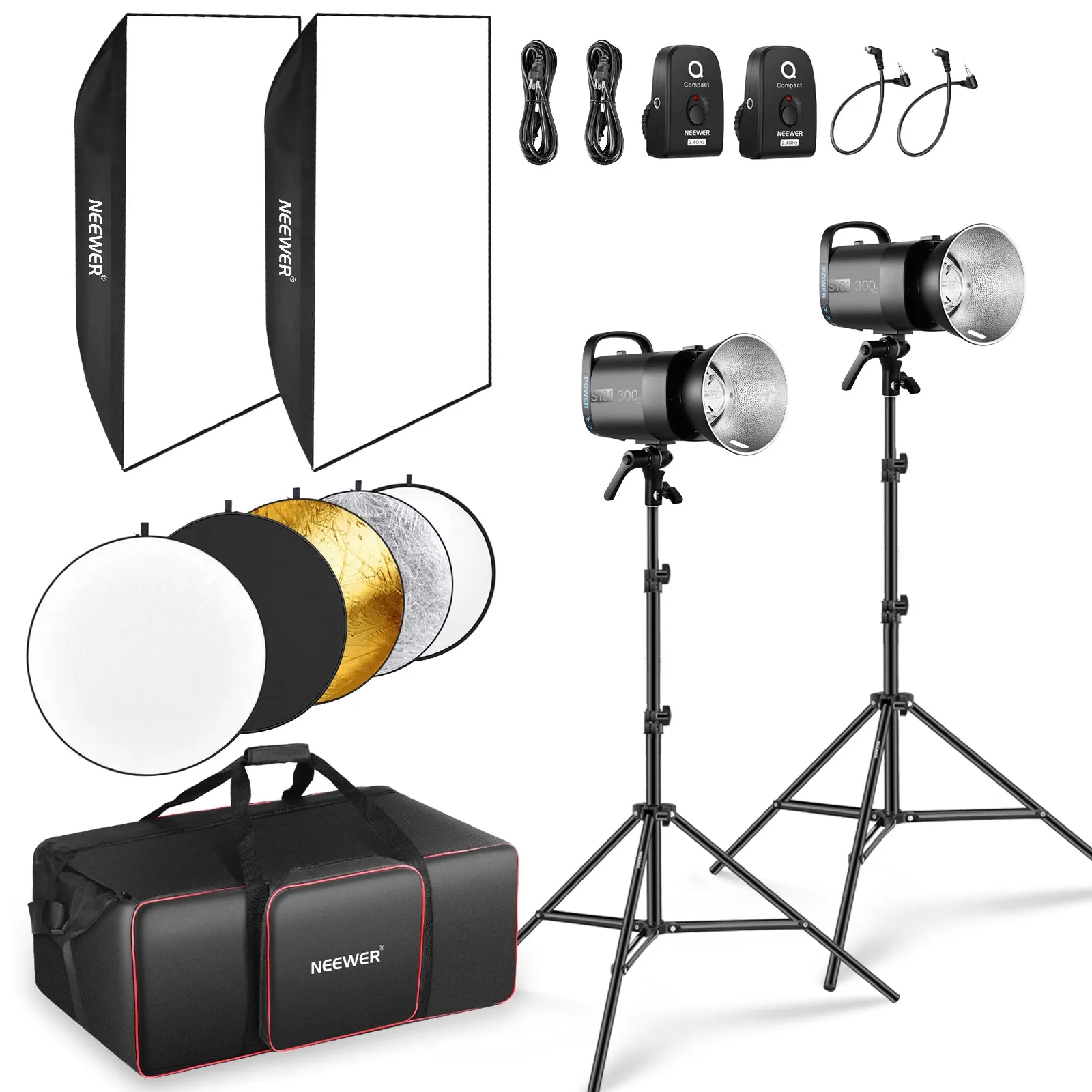 NEEWER 2 Pack S101-300W PRO 600Ws Studio Monolight Flash Light Kit