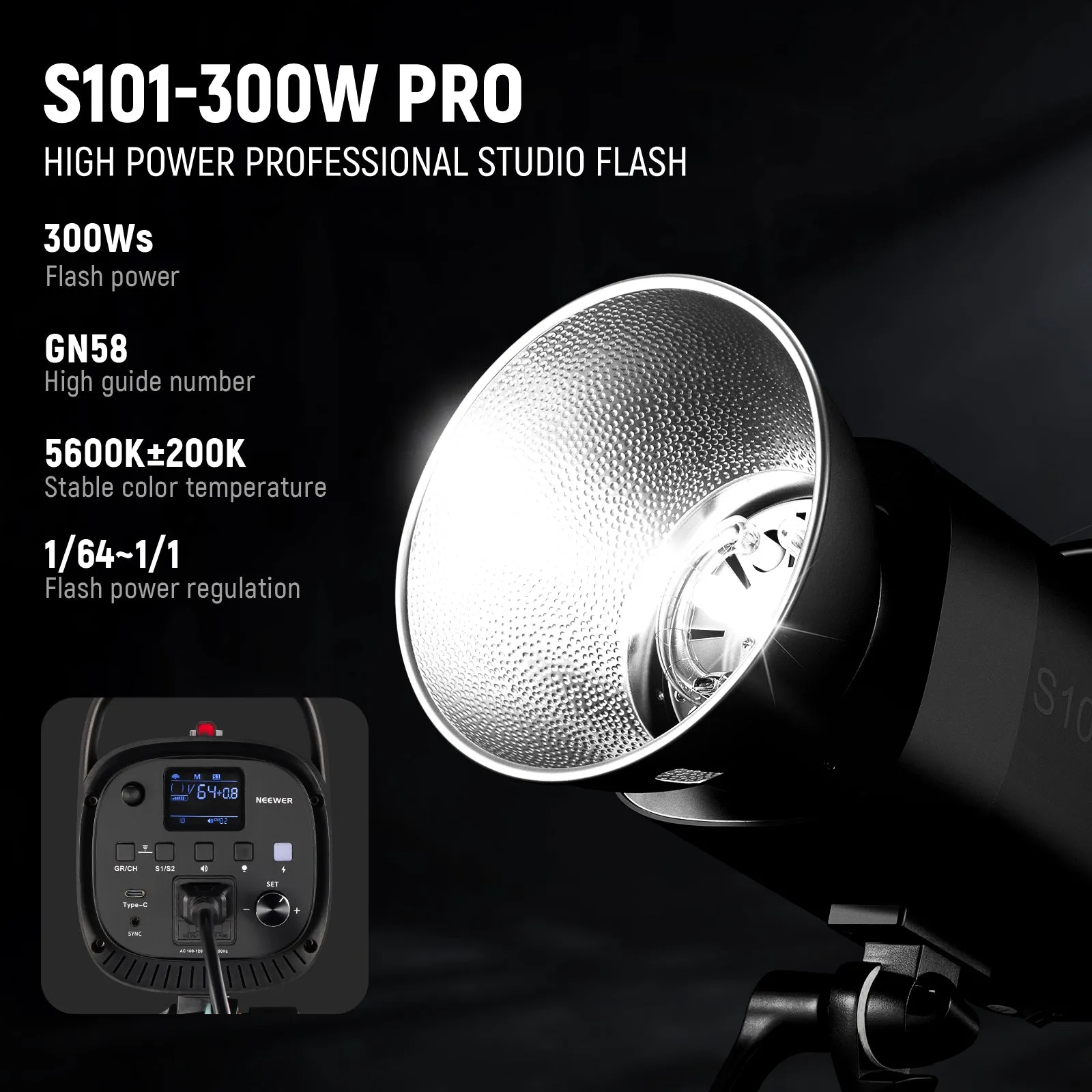 NEEWER 2 Pack S101-300W PRO 600Ws Studio Monolight Flash Light Kit