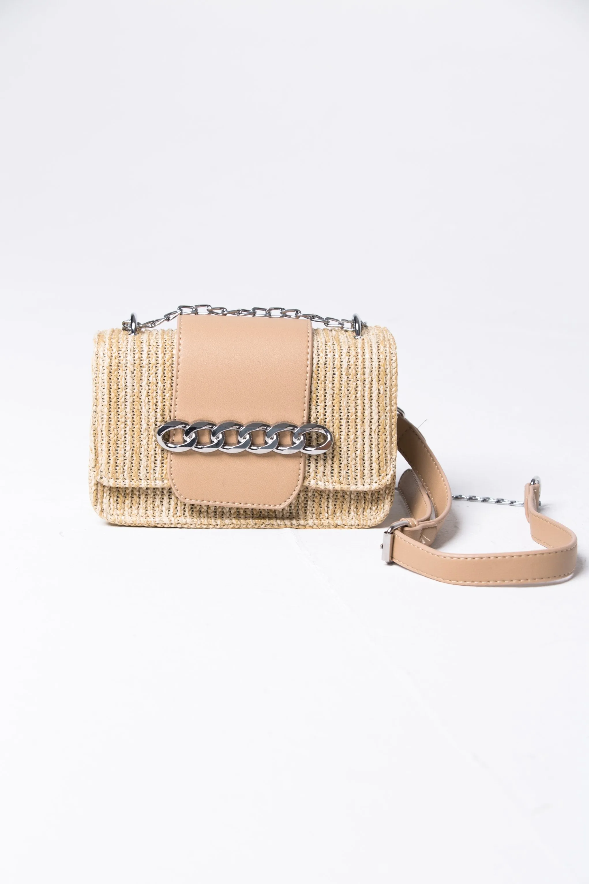 Nude Chain Detail Flap Straw Satchel