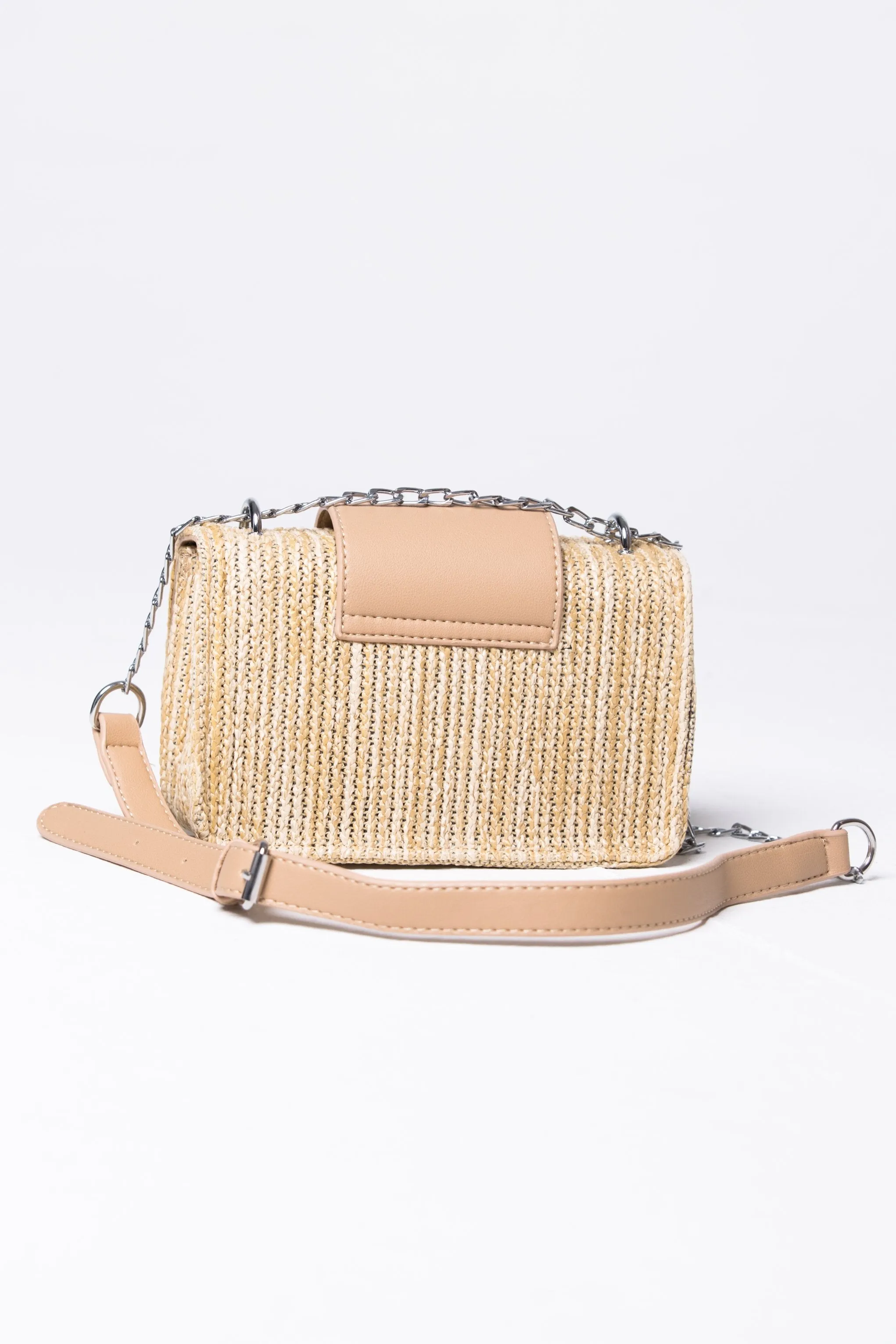 Nude Chain Detail Flap Straw Satchel