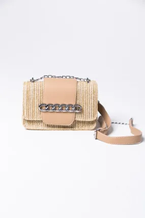 Nude Chain Detail Flap Straw Satchel