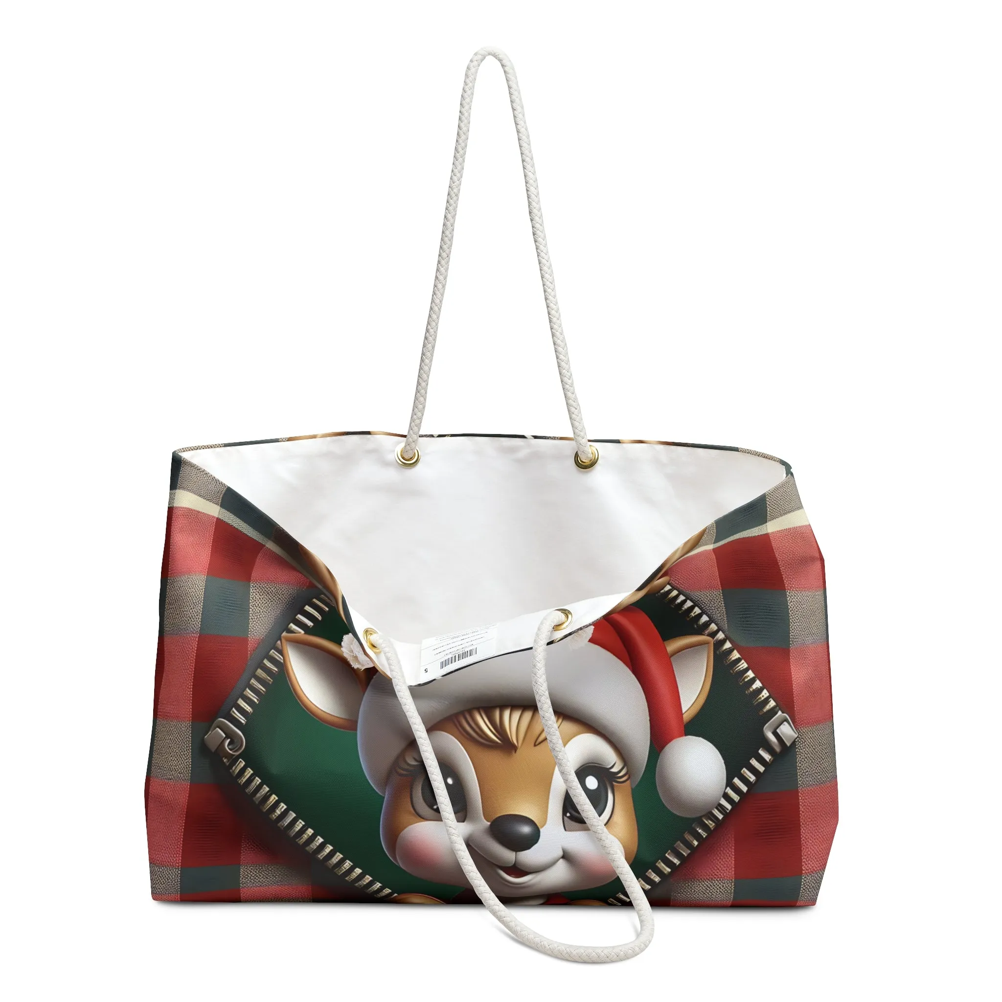 Personalised/Non-Personalised Weekender Bag, Cute Reindeer, Christmas, Tartan, Large Weekender Bag, Beach Bag, Book Bag