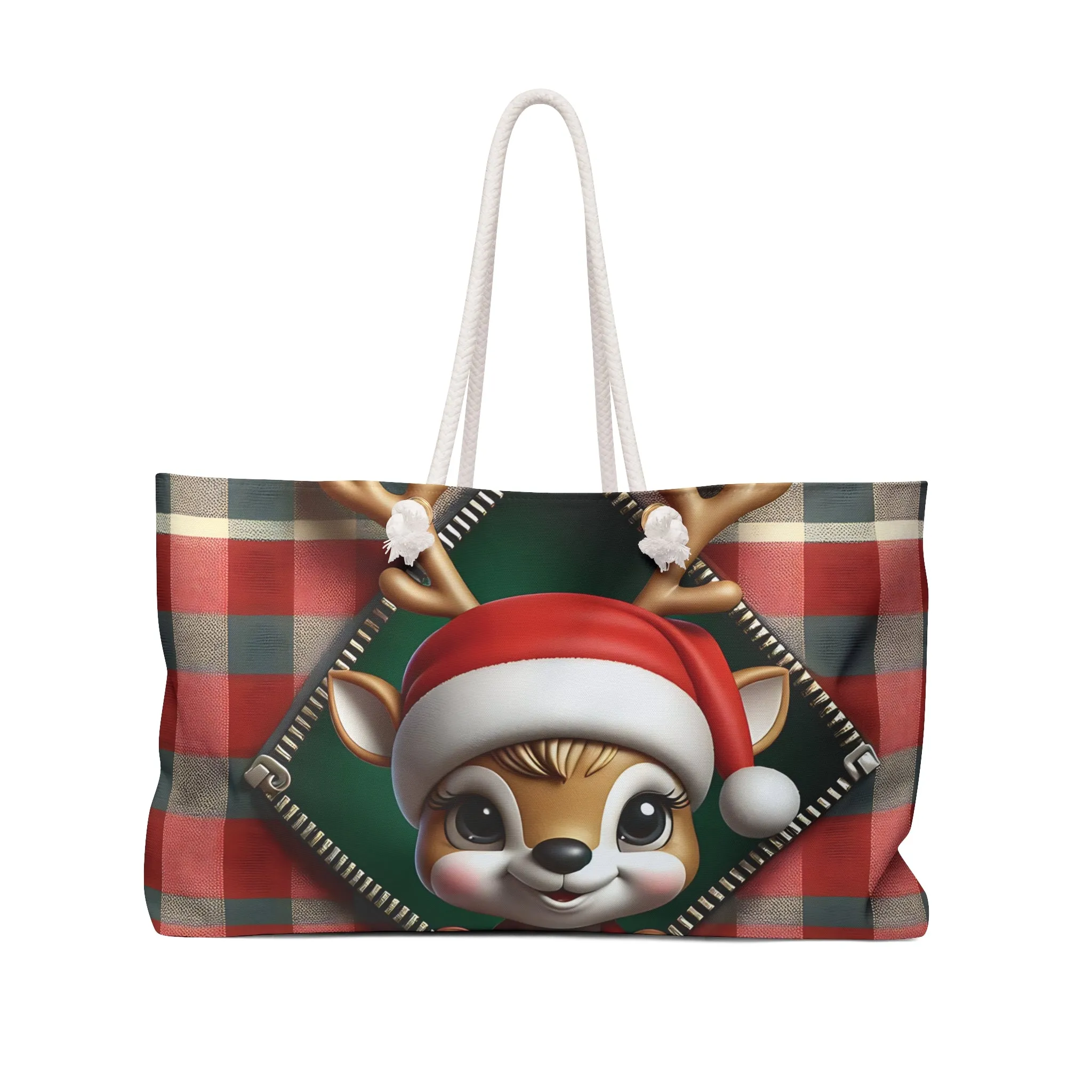 Personalised/Non-Personalised Weekender Bag, Cute Reindeer, Christmas, Tartan, Large Weekender Bag, Beach Bag, Book Bag