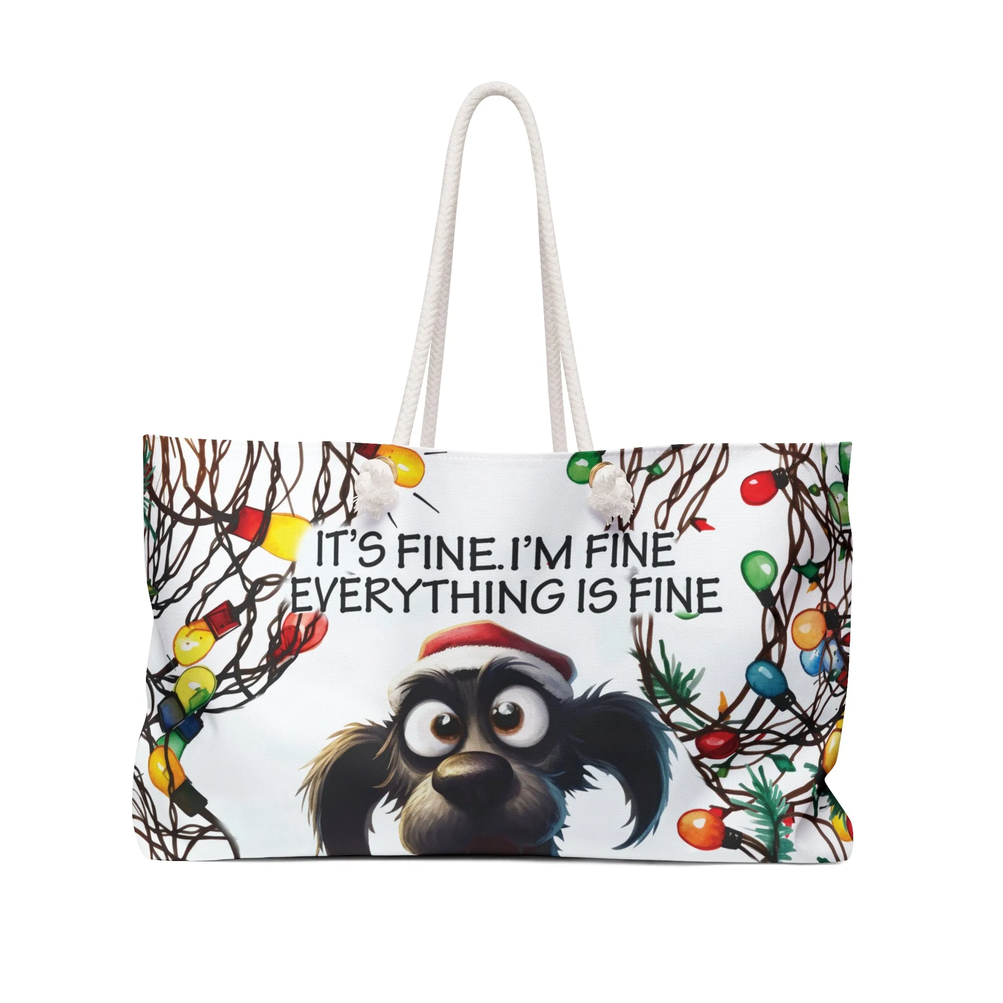 Personalised/Non-Personalised Weekender Bag, Dog, Funny Quote, I'm Fine Everything is Fine, Large Weekender Bag, Beach Bag, Book Bag