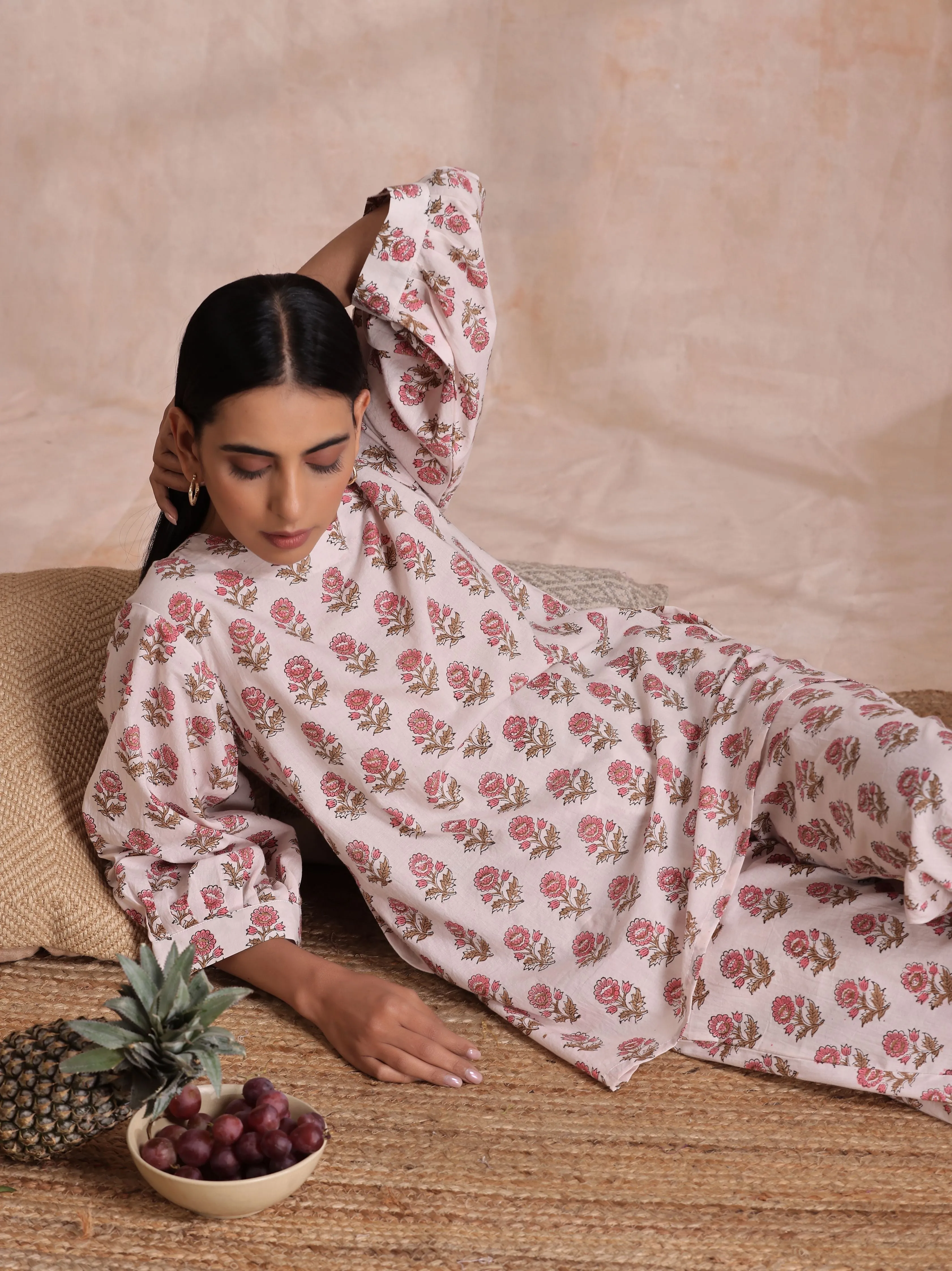 Pink Brown Buta On White Block Print Cotton Baggy Sleeve Co-Ord Set