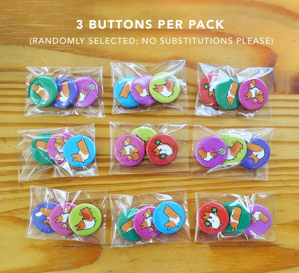 Random Corgi Button Set | 3 Button Mystery Bag