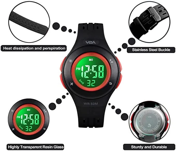 V2A Digital 5ATM Waterproof Kids Sports Watch with 7 Color Backlight Alarm Stopwatch for Boys and Girls (White Dial and Black Colored Strap)