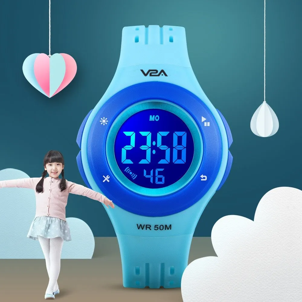 V2A Digital 5ATM Waterproof Kids Sports Watch with 7 Color Backlight Alarm Stopwatch for Boys and Girls (White Dial and Black Colored Strap)