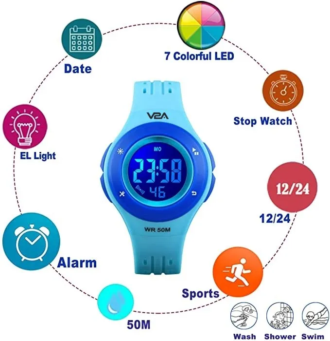 V2A Digital 5ATM Waterproof Kids Sports Watch with 7 Color Backlight Alarm Stopwatch for Boys and Girls (White Dial and Black Colored Strap)