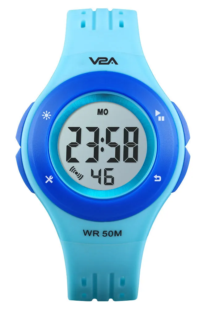 V2A Digital 5ATM Waterproof Kids Sports Watch with 7 Color Backlight Alarm Stopwatch for Boys and Girls (White Dial and Black Colored Strap)