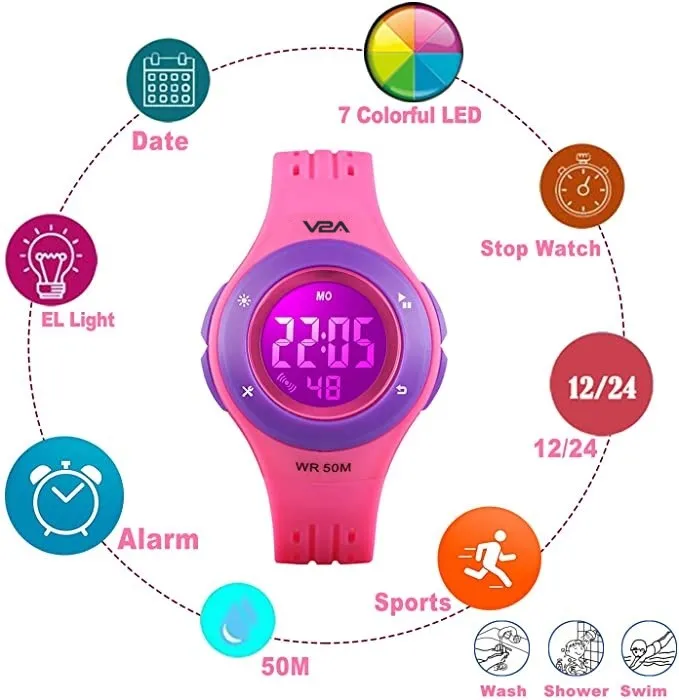 V2A Digital 5ATM Waterproof Kids Sports Watch with 7 Color Backlight Alarm Stopwatch for Boys and Girls (White Dial and Black Colored Strap)