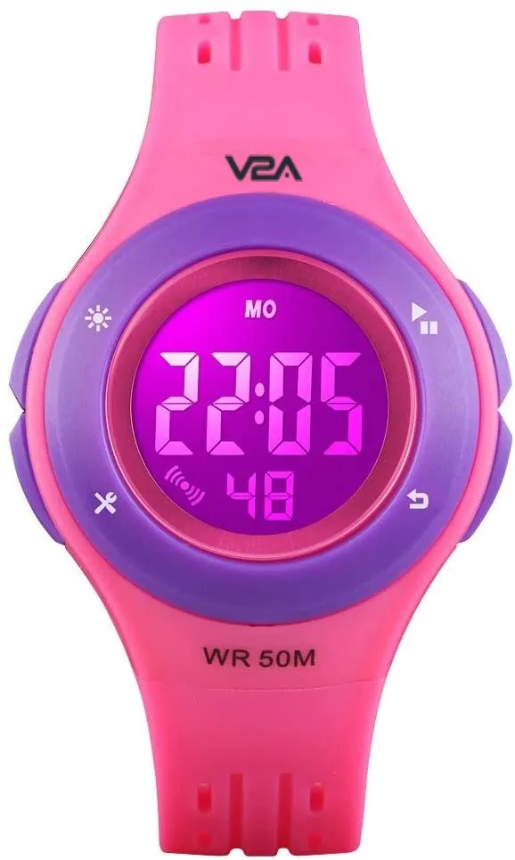 V2A Digital 5ATM Waterproof Kids Sports Watch with 7 Color Backlight Alarm Stopwatch for Girls (White Dial and Pink Colored Strap)