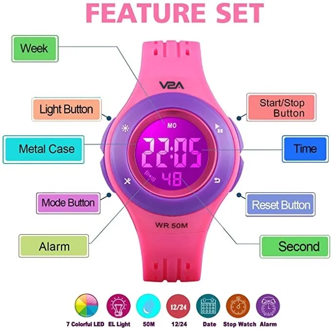 V2A Digital 5ATM Waterproof Kids Sports Watch with 7 Color Backlight Alarm Stopwatch for Girls (White Dial and Pink Colored Strap)